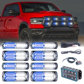 PKINGLAKE 8pcs Sync Feature Emergency Strobe Grille Lights LED Ultra Slim Surface Mount Flashing Hazard Warning Light Bar with Controller for Firefighter/Construction/Trucks/Vehicles/Car (Blue/White)