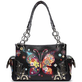 Western Style Spring Butterfly Flower Purse Women Country Handbag Rhinestone Stud Shoulder Bag Wallet Set (Black Set)