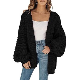 Cicy Bell Women's Cardigan Loose Lantern Sleeves Elegant Oversized Pullover, black