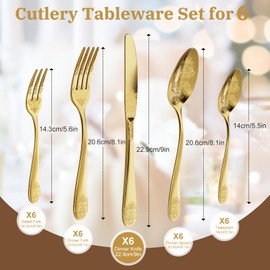 30-Piece Stainless Steel Silverware Set, Elegant Floral Engraved Cutlery Flatware Set for 6, Golden Tableware Utensil Sets Durable Include Fork Spoon Knife with Mirror Polish