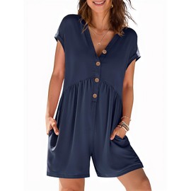 MEROKEETY Women's Summer Cap Sleeve Jumpsuits 2025 Casual V Neck Button Short Romper with Pockets, Navy, X-Large