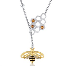 AXOMY Bee Necklace 925 Sterling Silver Honeycomb Pendant Y Long Adjustable Necklace Bee Jewelry Gift for Women, Sterling Silver, No Gemstone