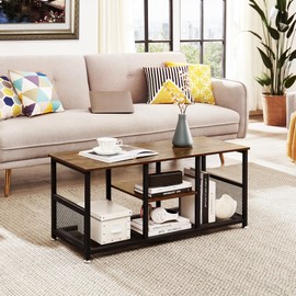VECELO 39 Coffee Table with Storage Shelf for Living Room Industrial Wood and Metal Frame Easy Assembly Retro Brown