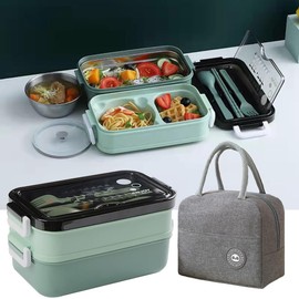 Tohoee 304 Edelstahl Bento Brotdose mit Suppenschalen Lunchbox mit Fächern 2 Lagen Brotdosen mit Gabel Löffel und Isolierung Taschen Geeignet für Büro Picknick Schule Erwachsene