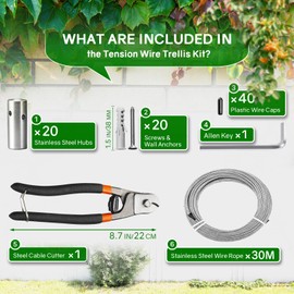 NEREUS Wire Trellis 20 Pack T316 Stainless Steel Hubs with 98FT 1/8" Wire Rope, Cable Trellis System for Climbing Plants, Tensioned Wire Trellis Kits for Brick Wall