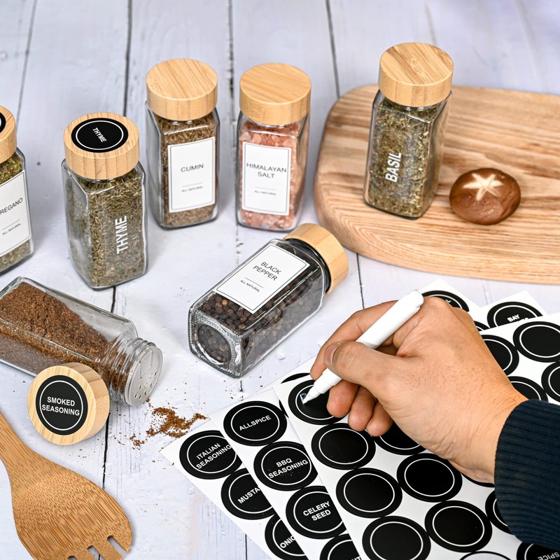 Set of 24 Glass Spice Jars with Various Labels, Bamboo