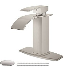 Airuida Waterfall Spout Bathroom Faucet, Rv Lavatory Vessel Faucet, Single Handle One Hole 1 or 3 Hole with Deck Plate, Bathroom Sink Faucet with Pop-up Drain Brushed Nickel