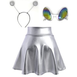 REU GLOBAL Women Green Alien Cosplay Costume Skrit with Headband and Glasses for Party Accesory (Small, Silver)