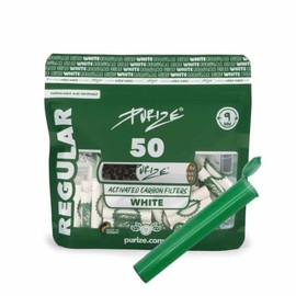 PURIZE 9 mm Activated Carbon Filter, Regular Size, Includes Joint Tube and 1/5 Sticker, Choice of Quantity and Colour (50x - 420x) (White, 50)