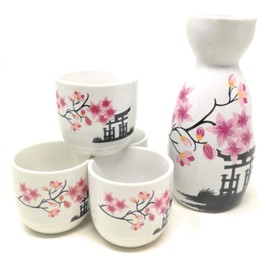 TJ Global 5-Piece Sake Set, Durable Ceramic Japanese Sake Set with 1 Carafe/Decanter/Tokkuri Bottle and 4 Ochoko cups for Hot or Cold Sake at Home or Restaurant - Temple and Flowers
