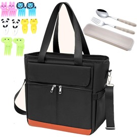Bolsa de Almuerzo 16.2L, Lonchera Térmica para Mujer y Hombre, Lonchera Portátil Impermeable con Forro Antifugas y Correa Ajustable, Incluye Cubiertos, Tote Bag para Oficina, Picnic y Camping (Negro)