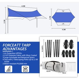 Forceatt 12x14FT Waterproof Anti-UV Camping Tarp with 2 Poles (UPF50+), Lightweight Sun Shelter for Car, Tent, Hammock in Hiking, Backpacking, Garden and Traveling
