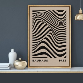 MUDECOR Framed Canvas Print Wall Art Mid-Century Bauhaus Black Stripe Illusion Shapes Abstract Illustrations Modern Art Minimal Multicolor Relax/Calm for Living Room, Bedroom, Office - 16"x24" NATURAL