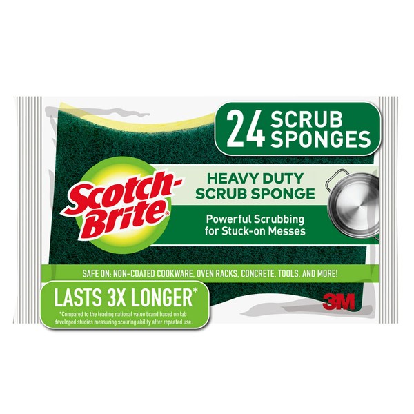 Scotch-Brite Heavy Duty Scrub Sponges, Sponges for Cleaning Kitchen and Household, Heavy Duty Sponges Safe for Non-Coated Cookware, 24 Scrubbing Sponges