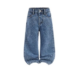 Verdusa Toddler Girl's Rhinestone Sparkly Wide Leg Jeans Streetwear Denim Pants with Pockets Medium Wash 6 Years