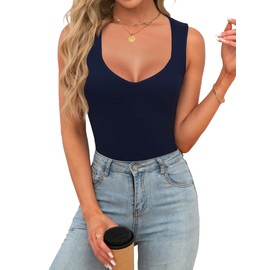 Agnes Urban - playera sin mangas sexy con cuello en V para mujer, estilo casual, sin mangas, para salir a la moda, blusas, marino, Small