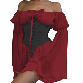 FDKLOOK Womens Corset Dresses Off Shoulder Bell Sleeve Irregular Fairy Party Chiffon 2 Piece Set Mini Fancy Dress S