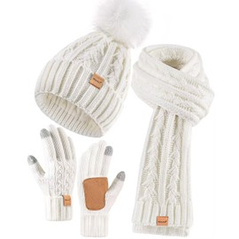Womens Beanie Hat Scarf Gloves Set, Soft Fleece Lined Winter Hat with Pom Pom, Long Knit Scarf Neck Warmer Touchscreen Gloves for Cold Weather, 3 in 1 Warm Set Stocking Stuffers for Women (White)