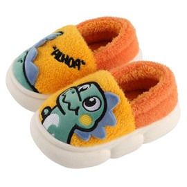 ESTAMICO Boys Girls Plush Warm Slippers Kids Cute Animal House Slipper Winter Indoor Memory Foam Shoes, Yellow/Dinosaurs 13.5-14 Little Kid