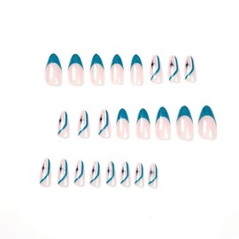 Pikabows Press On Nails Long Almond Christmas Swirl Winter Snowflake Blue Fake Nails Acrylic False Nail Tips Kit Glue on Nails for Women