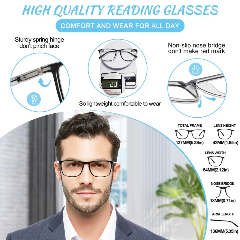 OCCI CHIARI Mens Progressive Multifocus Reading Glasses Transition Bifocal Readers(+300)