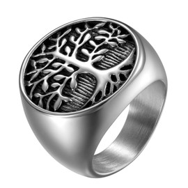 Oidea Vintage Stainless Steel Biker Engraving Tree of Life Men's Rings Wedding Engagement Ring Band Ring Black Silver for Men – Ring Sizes 54 (17.2) to 71 (22.6), Stainless Steel