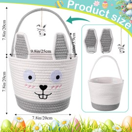 Zopeal 2 Pcs Gray Easter Baskets Woven Rope Bunny Gifts Basket with Ears Large Empty Egg Storage Basket for Easter Party, 9.8 x 7.8 x 7.8 Inch