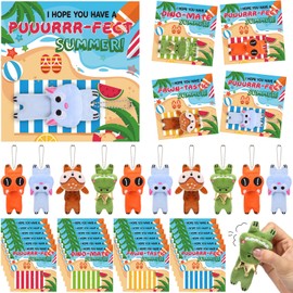 Soulchen 24 Sets End of Year Gifts Bulk with Cat Plush Keychains Beach Cards Graduation Gifts Summer Favors Beach Party Goodie Bags Dinosaur Plush