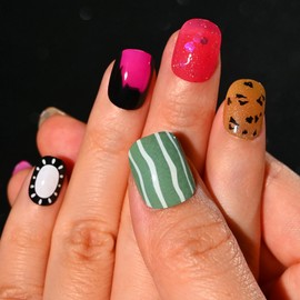 Sethexy Squoval Summer Press on Nails Short - Cat Eye, Glitter Sequins Design Acrylic Full Cover Fake Nails for Women 15 Sizes - 30 Pcs Soft Gel Nails Kit with Glue