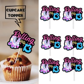 18pcs Black Glitter Pink Roller Skates Dessert Cupcake Topper 80s 90s Retro Hip Hop Roller Skating Rolling into 13 Theme Decor Supplies Boy Girl 13th Happy Birthday Party Decorations
