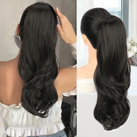 KooKaStyle Ponytail Extensions, 22 inch Natural Black Long Drawstring Wavy Clip in Ponytail Hair Extensions Layered Synthetic Hairpiece for Women