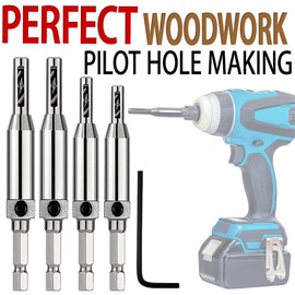 Japard Self Centering Drill Bit Set for Hinges 4 Pcs, 1/4 Hex Shank with 5/64, 7/64, 9/64, 11/64 inches for Wood Door Cabinet