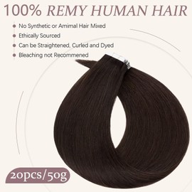 Tess Tape Extensions Real Hair #2 Dark Brown 50 cm Real Hair Extensions 20 Pieces Straight Remy Tape-In Hair Extensions for Hair Thickening (20 Wefts #2-Dark Brown)