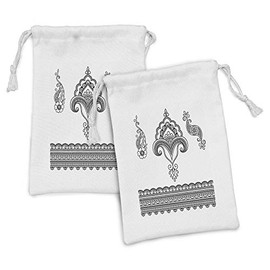 Ambesonne Folk Fabric Pouch Set of 2, Black and White Eastern Motifs Monochrome Ornamental Floral Pattern Doodle Image, Small Drawstring Bag for Toiletries Masks and Favors, 9" x 6", White and Black