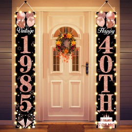 40th Birthday Door Banner Lighted Decorations for Women,Rose Gold Black Vintage 1985 Birthday Decorations Party Banners with LED Light, Cheers to 40 Years Old Birthday Party Supplies Decor