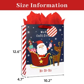 LEAYUGF 13" Large Navy Blue Christmas Gift Bag with Tissue Paper Santa Claus Elk Deer For Christmas Birthday Party Anniversaries Supplies with Handles