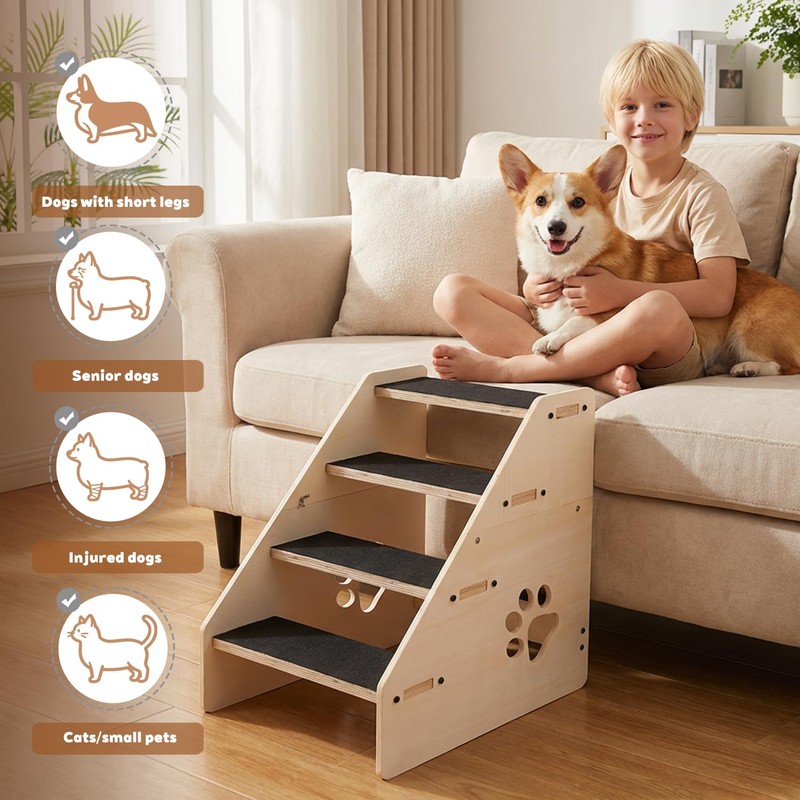 Dog Stairs Ramp, Wooden 4-Step Dog Ramp for Small/Medium/Older Dogs