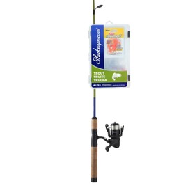 Shakespeare Catch More Fish Trout Spinning Reel and Fishing Rod Combo, Includes Berkley Fishing Baits, Tackle, & Tackle Box, Pre-Spooled with 4lb | 1.8kg Stren Line