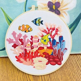 DIY Stamped Embroidery Starters Kits Sea Fish Coralline with Pattern for Beginners Hoops Cloth Threads Needlework Art Cross Stitch Kits Craft for Adults Students Home Decoration