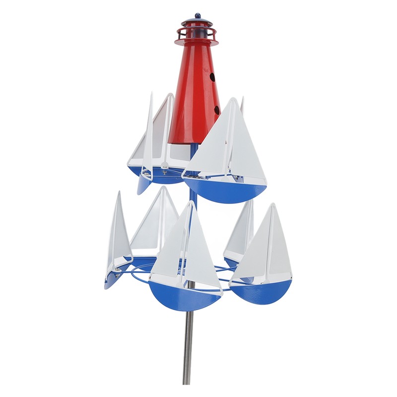 Summer Lighthouse Sailboat Windmills 360 Degree Rotation Weathervane Metal Windmill