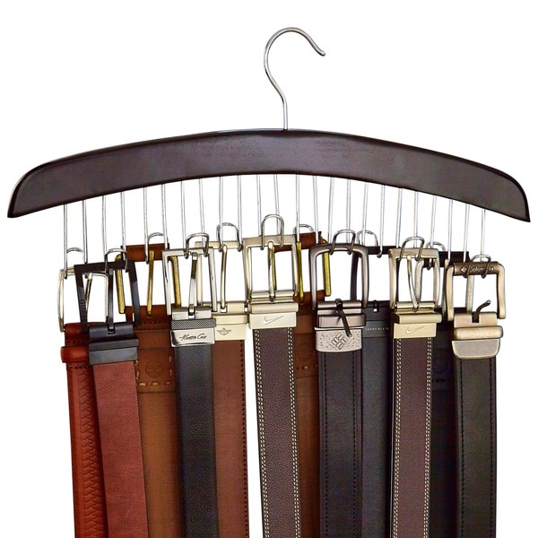 Richards Homewares Belt Hanger Rack for Closet Organization and Storage Display Holder with 12 Hooks, Wood and Chrome Accents, Dark Walnut, 75532