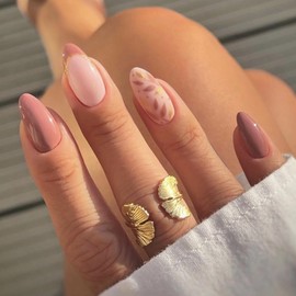 MISUD Fall Press on Nails Medium Almond Fake Nails Glossy Glue on Nails Wine Red French Tip Acrylic Nails Autumn Leaf Stiletto Artificial Nails Bling Gold Glitter Line False Nails with Design 24 pcs