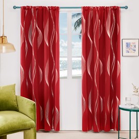 Deconovo Blackout Back Tab Curtains with Geometric Pattern, Room Darkening, Heat Blocking, Energy Saving Drapes for Bedroom, Living Room, 2 Panels, Red, 52W x 84L Inch, Wave Stripe