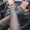 Women's Long Fingerless Sheer Gloves Rhinestone Elbow Length Mesh Tulle