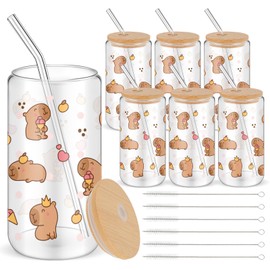 Yetene 6 Sets 16oz Glass Cups with Lids and Straws, Beer Iced Coffee Drinking Glasses Cute Aesthetic Cup with Lid Straw and Cleaning Brush for Gifts(Capybara)