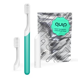 Quip Sonic Toothbrush for Adults with Timer - Includes Extra Brush Head and Travel Cover Mount - Electric, Soft Bristle Refill Head, Plastic Handle, 3 Month Battery Life - Travel Toothbrush - Green