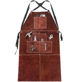 Yorbay Leather Welding Apron Heat Resistant Flame Retardant Work Apron with 5 Pockets Adjustable Protective Clothing, brown