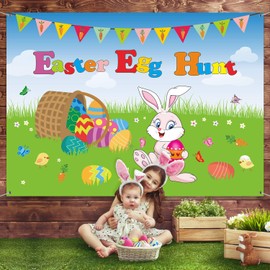 Blulu Blulu Easter Party Decorations Large Fabric Easter Egg Bunny Hunt Background Banner and Chick Sign Hunt Game Banner Poster Photo Booth Backdrop with Rope for Spring Party Supplies 7 x 5 ft