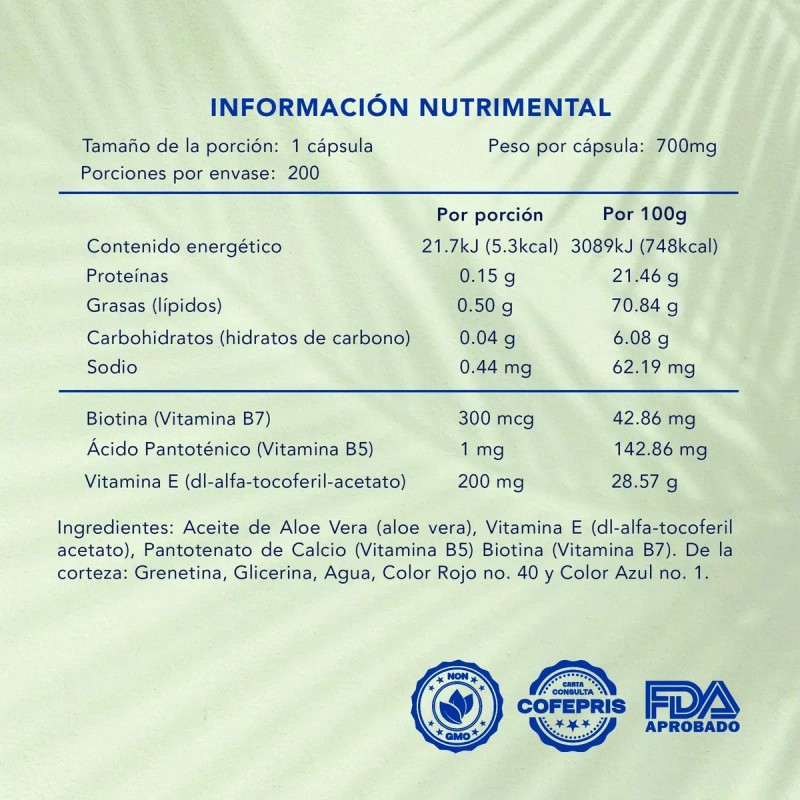 Biotina + Ácido Pantoténico Aloe Vera Vitamina E 200 Caps