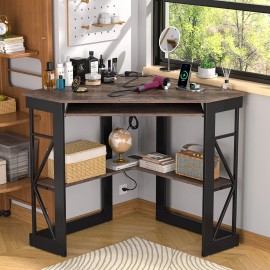 VECELO Corner Home Office Desk Table w/Charging Port Keyboard Tray And Storage Shelves - Brown